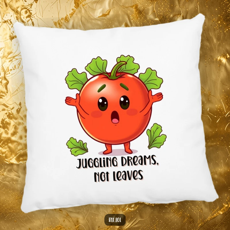 Funny surprised tomato juggling lettuce leaves, offering comfort and veggie humor, a soft pillow for delightful relaxation.