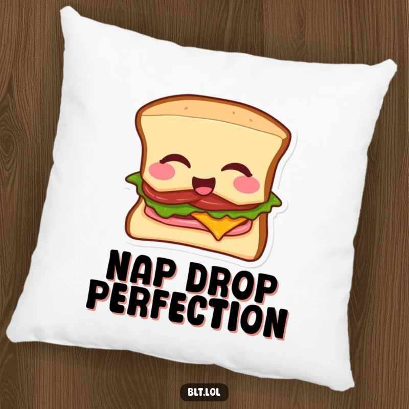 Funny BLT sandwich pillow featuring a winking sandwich dropping a mic, providing comfort and comedic appeal.