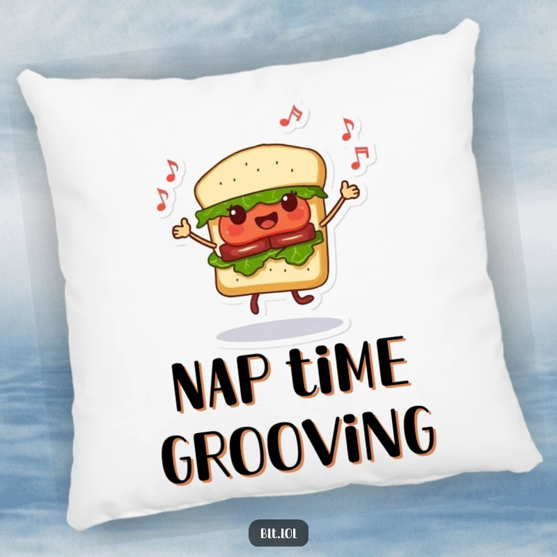 Funny Dancing BLT Sandwich Pillow, a cheerful sandwich character dancing with musical notes, soft and decorative cushion, perfect gift.