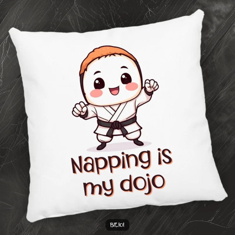 Funny sushi pillow with a smiling sushi piece striking a karate chop pose, adding comfort and humor to seating.