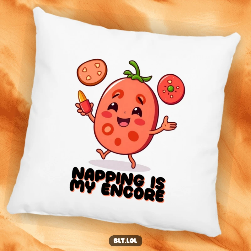 Funny Tomato Juggling Pillow: A joyful tomato slice character is juggling pepper slices, offering plush comfort and humorous decor.