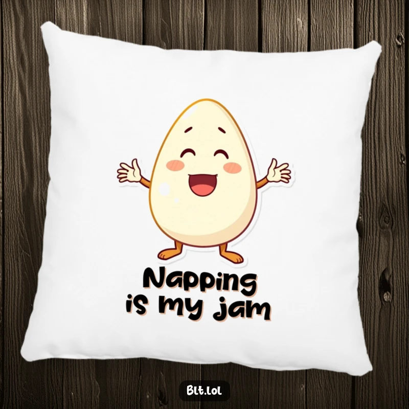 Funny anthropomorphic egg enthusiastically waving, a soft and humorous decorative pillow for comfort.