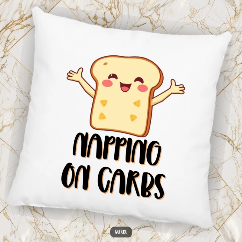 Funny Pillow with a happy bread slice balancing a small cheese slice, offering comfort and delicious foodie charm.