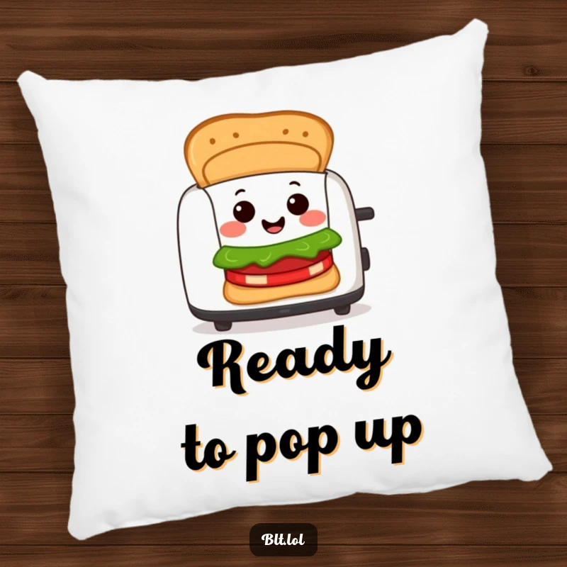 Funny Pillow featuring a cheerful BLT sandwich character peeking out of a toaster with a happy expression, perfect for accentuating furniture.