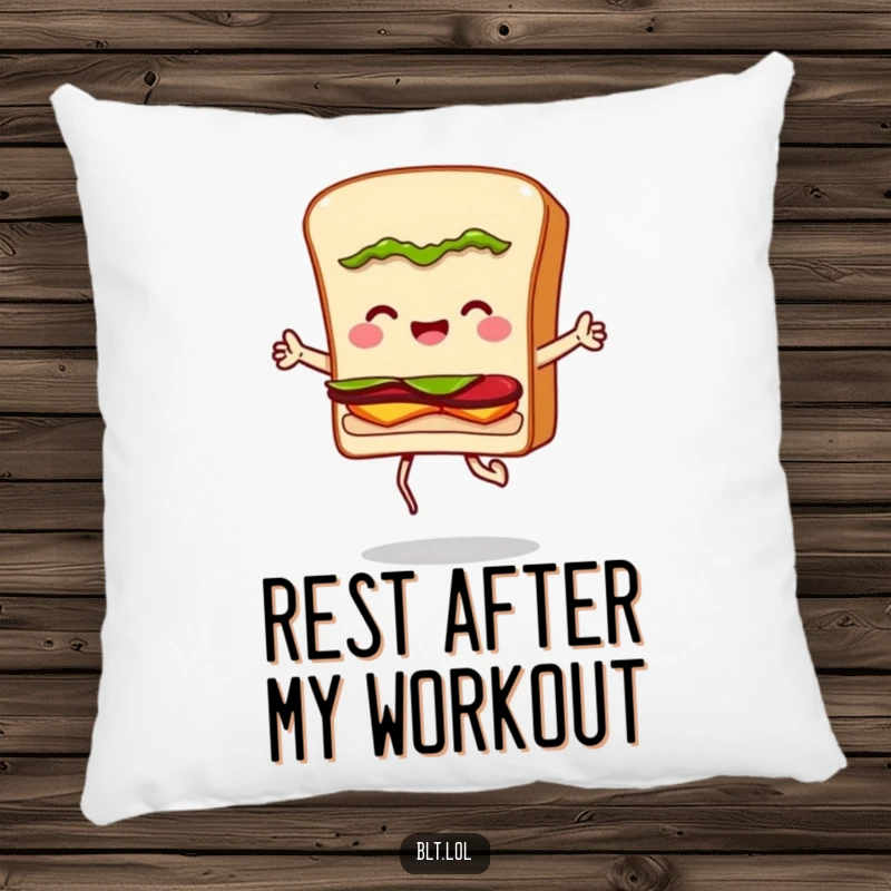 Funny pillow featuring an anthropomorphic BLT sandwich character energetically jumping rope, delivering a message of fun and fitness.