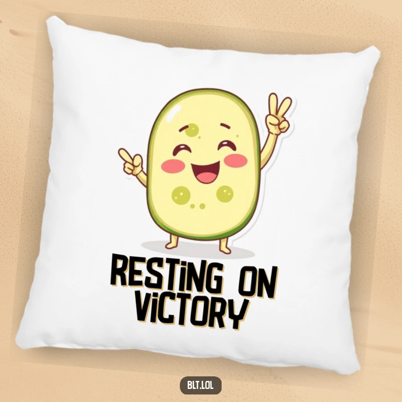 Funny pillow featuring a smiling pickle slice in a victory pose, offering comfort and a humorous celebration of success.