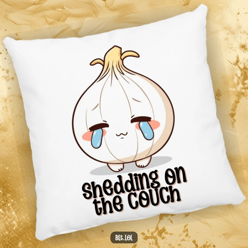 Funny shy anthropomorphic onion blushing and crying cartoon tears, a soft and humorous decorative pillow.