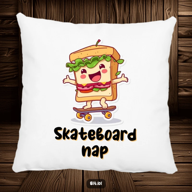 Funny pillow featuring a BLT sandwich joyfully riding a tiny skateboard, offering comfort and a dose of humor.