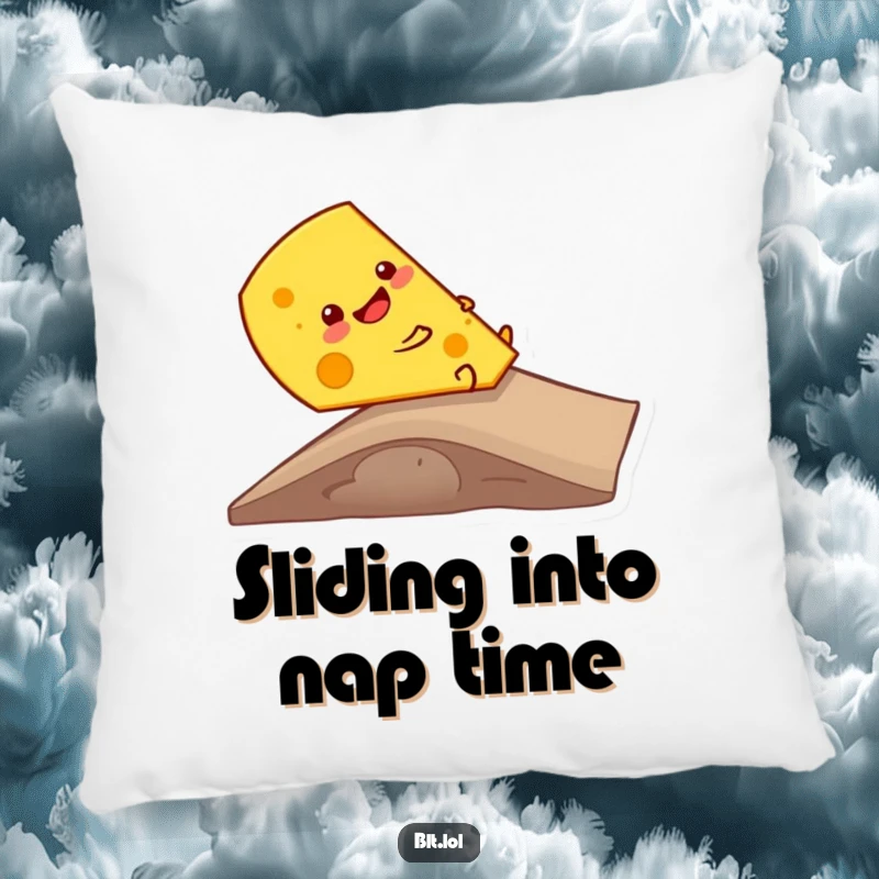 Funny giggling cheese slice sliding down a ramp, offering comfort and cheesy humor, a soft pillow for delightful relaxation.