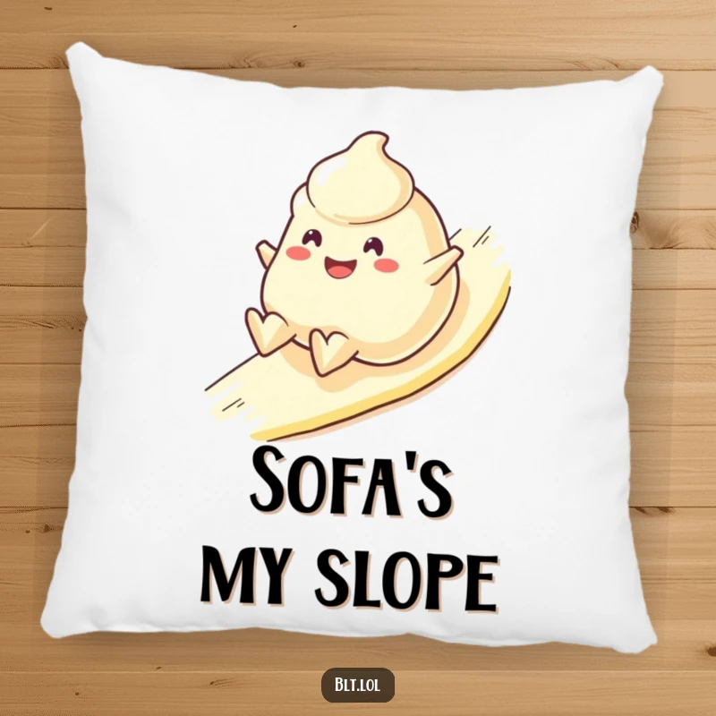 Funny Pillow with a cheerful mayonnaise blob character sliding downhill happily, a soft and humorous decorative food item.