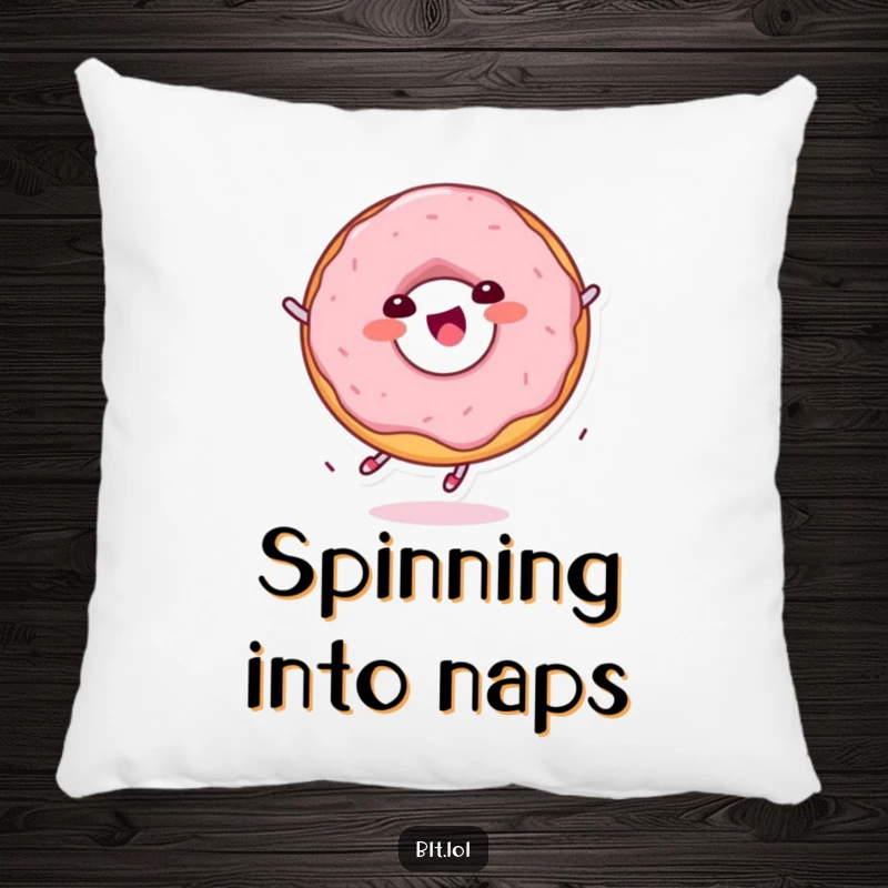 Funny delighted Kawaii donut character spinning on a soft pillow, ideal for comfort and a sweet smile.