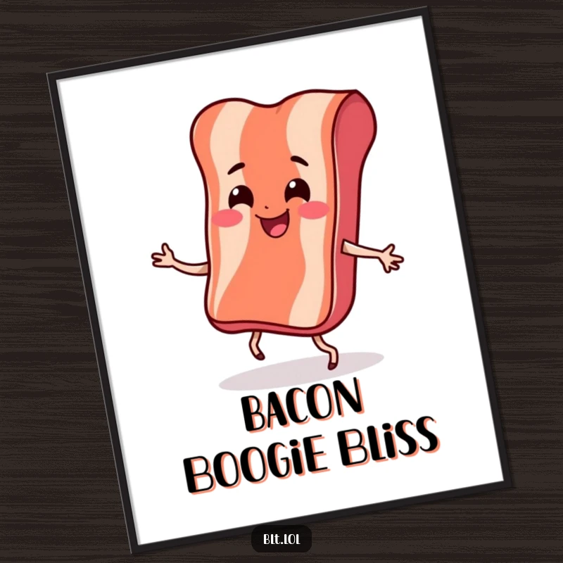 Funny Digital Art Print of a smiling bacon strip with little legs doing a bouncy dance, capturing breakfast cheer and humor.