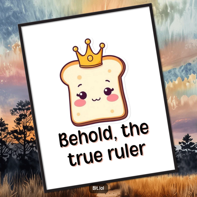 Funny Digital Art: A bread slice character wearing a tiny crown. Printable funny decor.