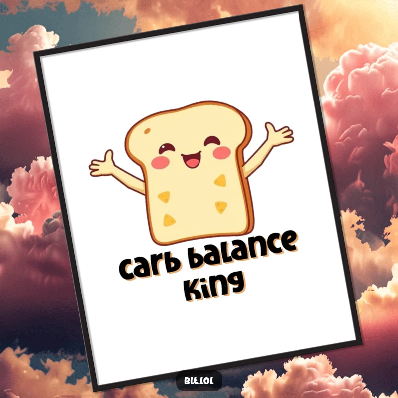 Funny Digital Art Print of a happy bread slice balancing a tiny cheese slice, celebrating simple food joy and humor.