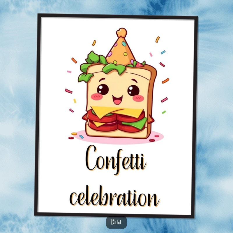Funny BLT sandwich character wearing a party hat and showered in confetti, available as an instant digital art download.