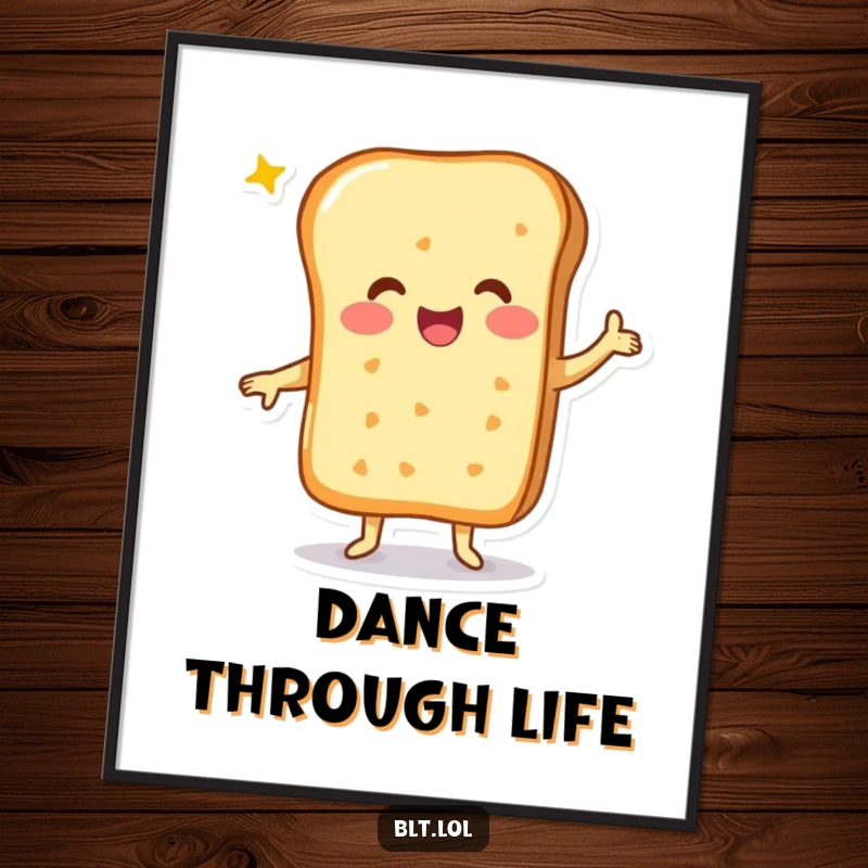 Funny cheesy bread character in a jubilant happy dance, a vibrant digital print to bring cheer to any room.