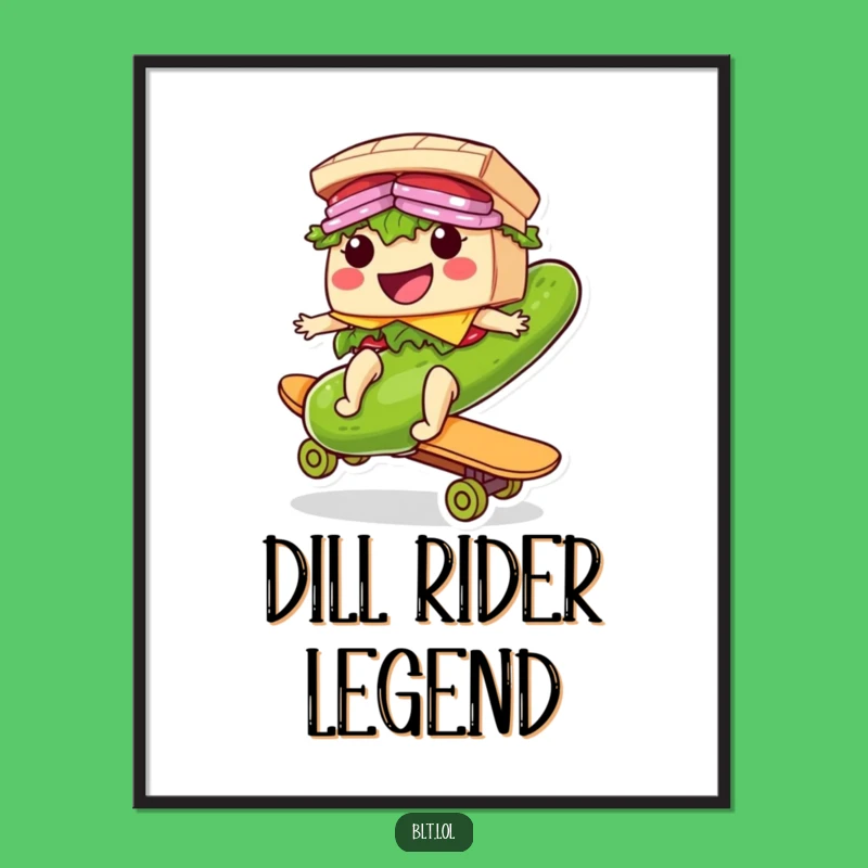 Funny Riding BLT Sandwich Digital Art: Pickle Skateboard Humor, Gift Ready