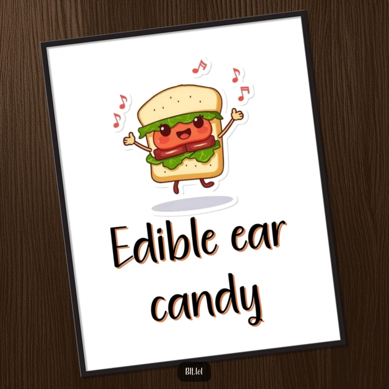 Funny Dancing BLT Sandwich Digital Art Print, a sandwich character dancing with musical notes, vibrant and cheerful artwork, perfect funny gift.