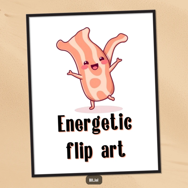 Funny bacon strip digital art print of a cheerful strip doing a cartwheel, perfect for instant humorous wall decor.