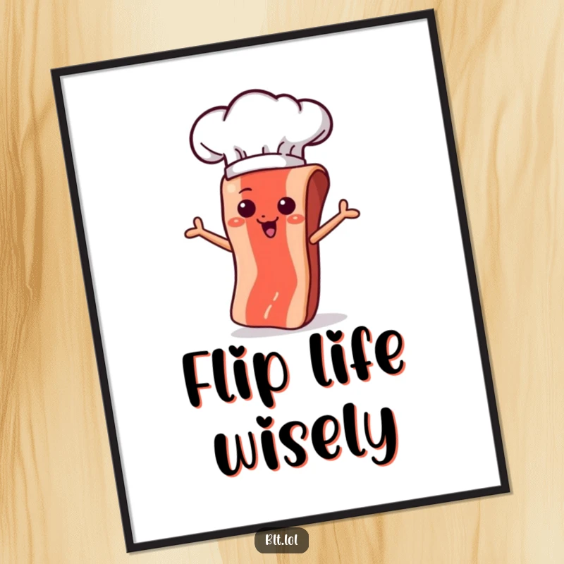 Funny bacon strip character with a chef hat, mid-flip, a vibrant digital print to bring kitchen humor home.