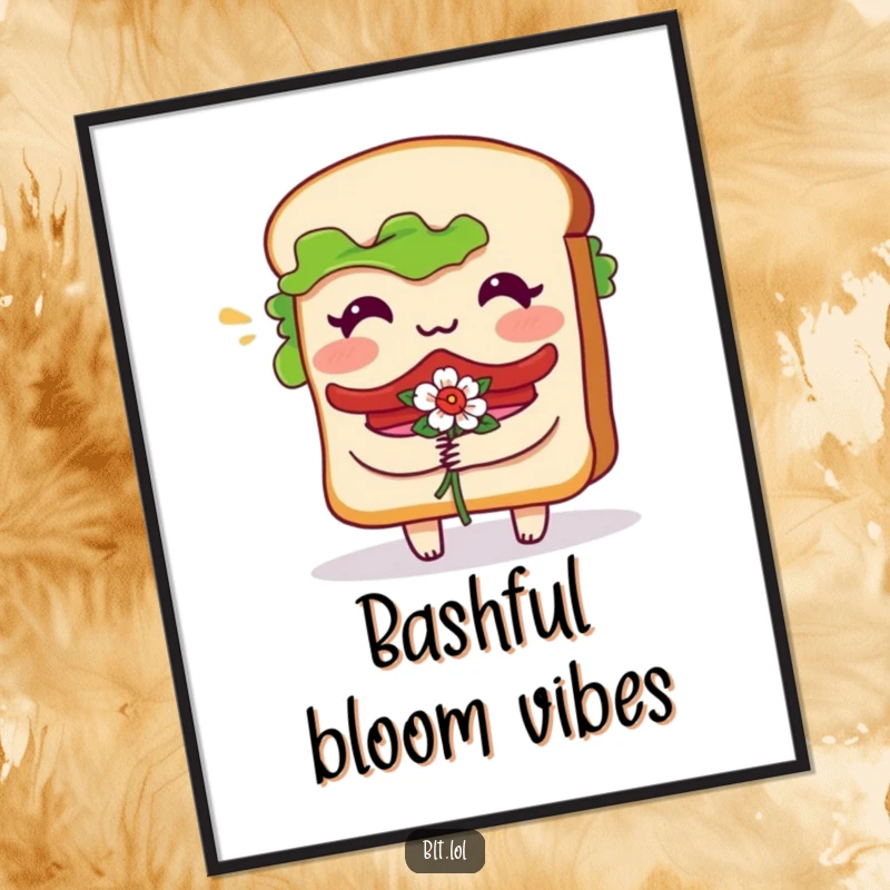 Funny Digital Art Print of a bashful BLT sandwich character blushing and holding flowers, ideal for adding a sweet touch.