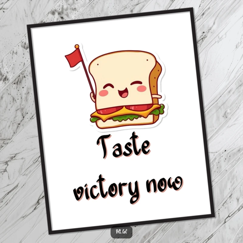 Funny digital art print of a winking anthropomorphic BLT sandwich with a tiny flag, perfect for instant foodie decor.