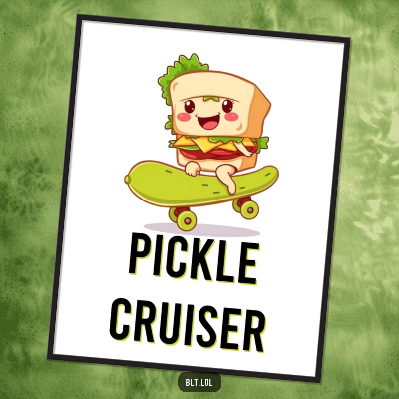 Funny BLT sandwich character smiling while skateboarding on a giant pickle, available as an instant digital art download.