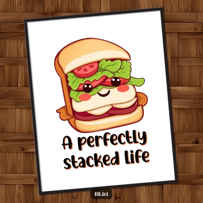Funny BLT sandwich digital art print featuring a smiling character with a lettuce bow, bringing instant happiness and humor.