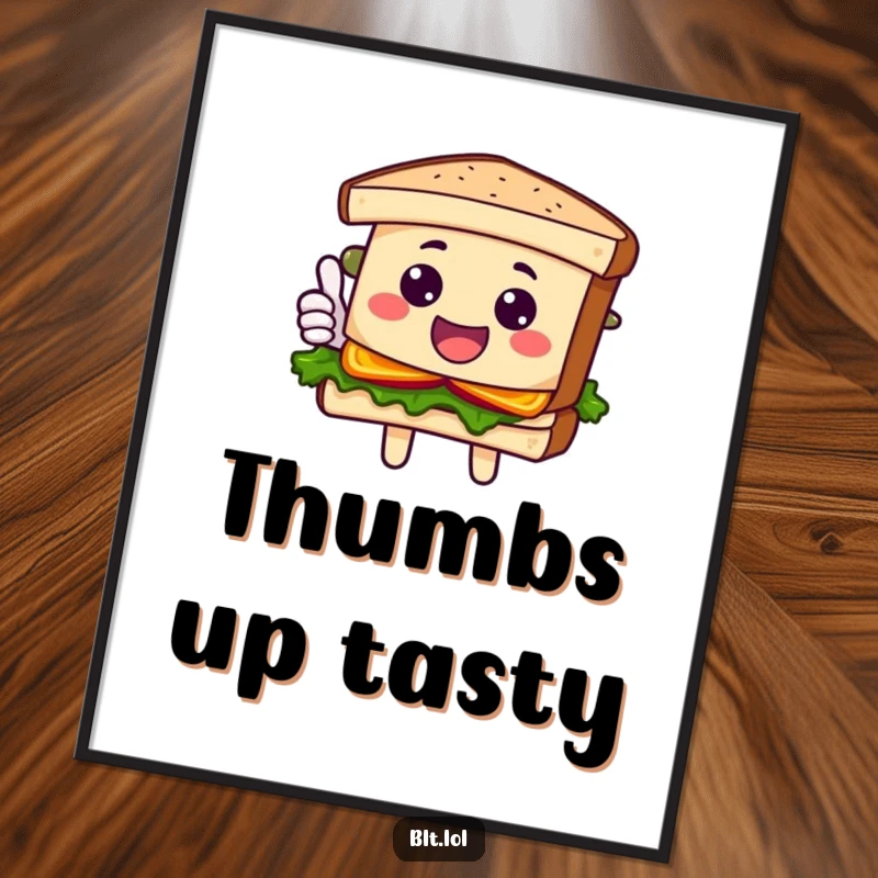 Funny Digital Art Print of a happy BLT sandwich character giving a cheerful thumbs up, celebrating sandwich goodness and humor.