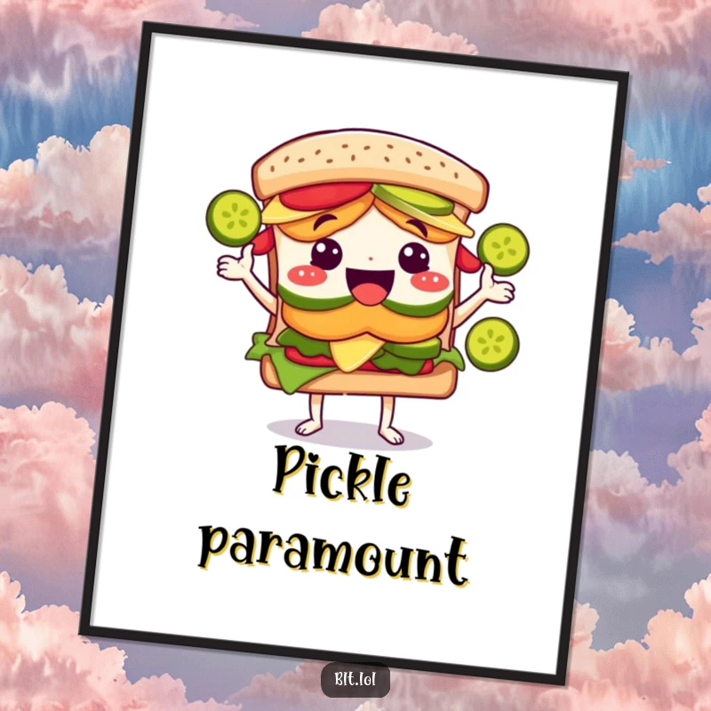 Funny BLT sandwich character in a joyous pose, juggling green pickle slices, available as an instant digital art download.