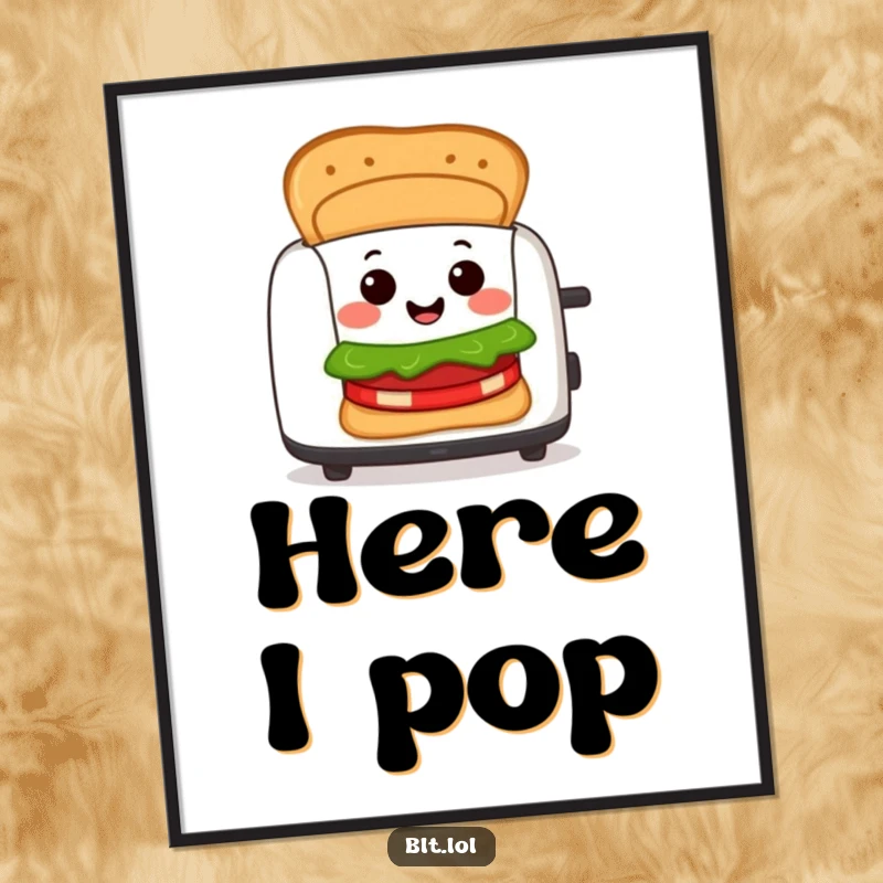 Funny Digital Art Print of a cheerful BLT sandwich character popping out of a toaster with a joyful expression, perfect for wall art.