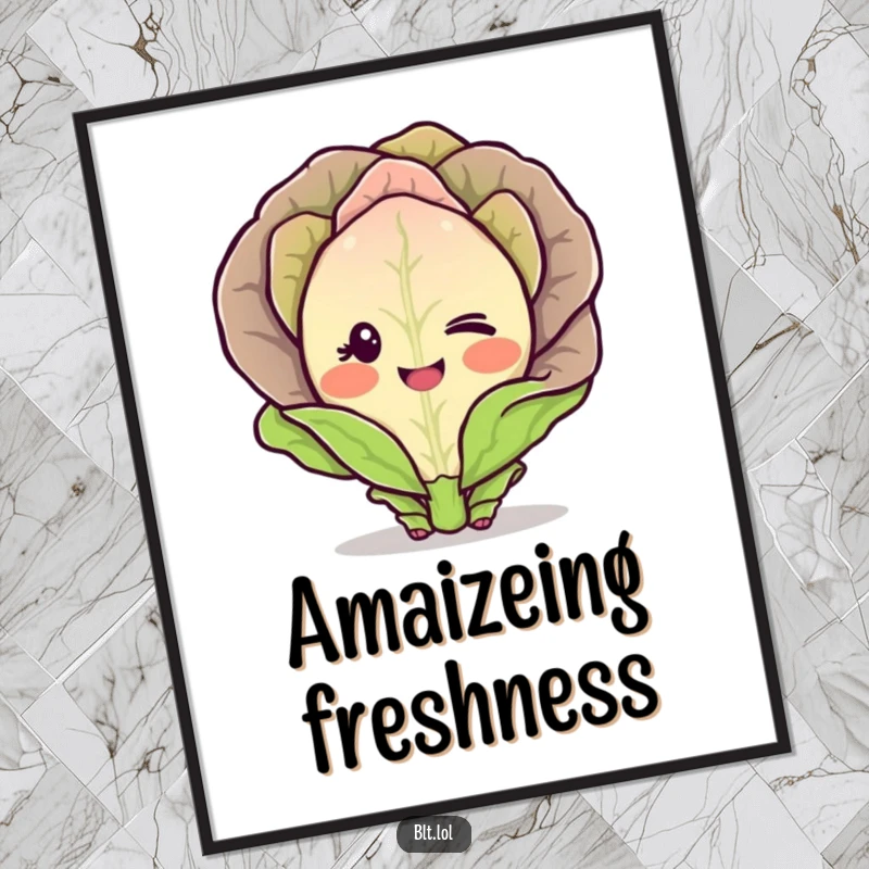Funny Digital Art Print of a blushing lettuce character winking shyly, a high-resolution humorous vegetable illustration.