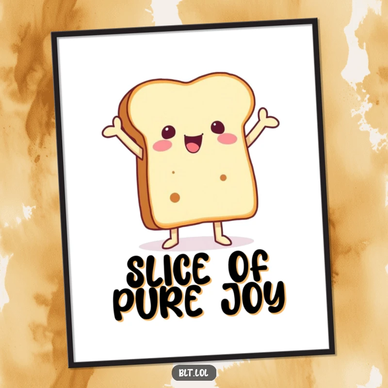 Funny digital art print of a joyful anthropomorphic bread slice with its arms raised, perfect for instant foodie decor.