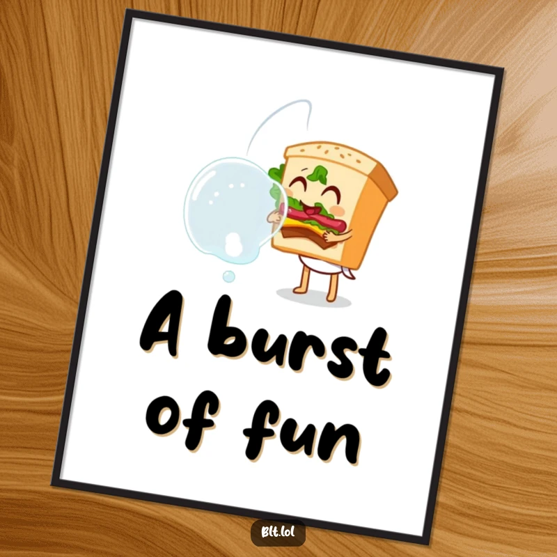 Funny Bubble Blowing BLT Sandwich Digital Art Print, a sandwich character blowing a large bubble, whimsical and charming artwork, perfect funny gift.