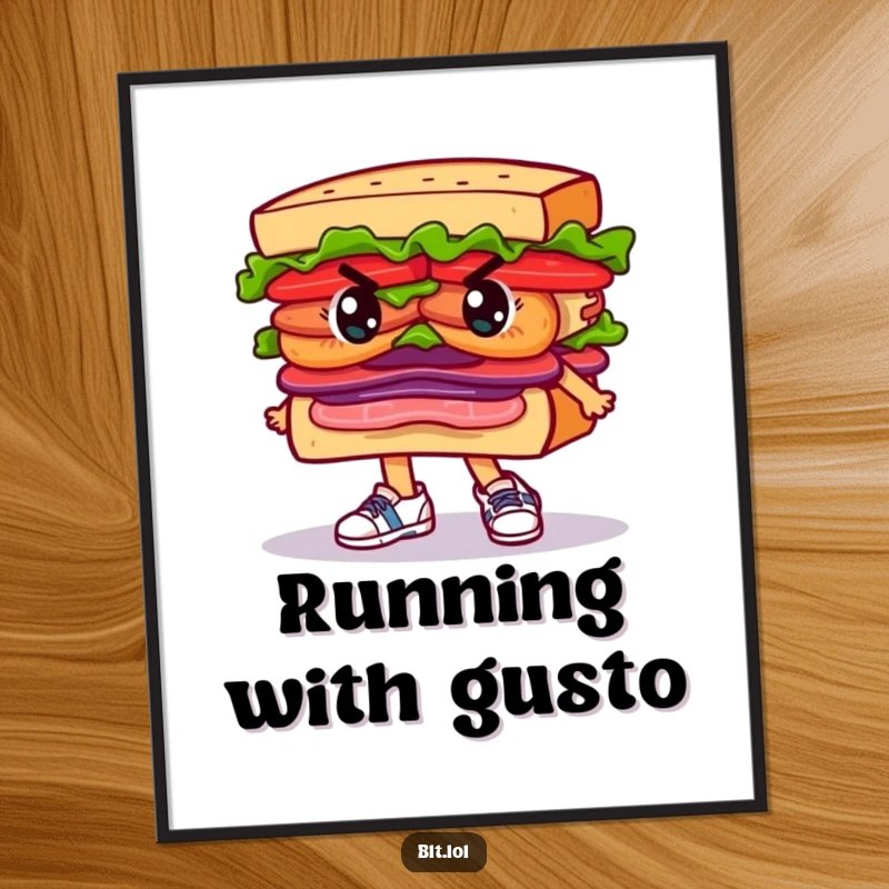 Funny Digital Art Print of a determined BLT sandwich character wearing tiny running shoes, ideal for fitness-themed decor.