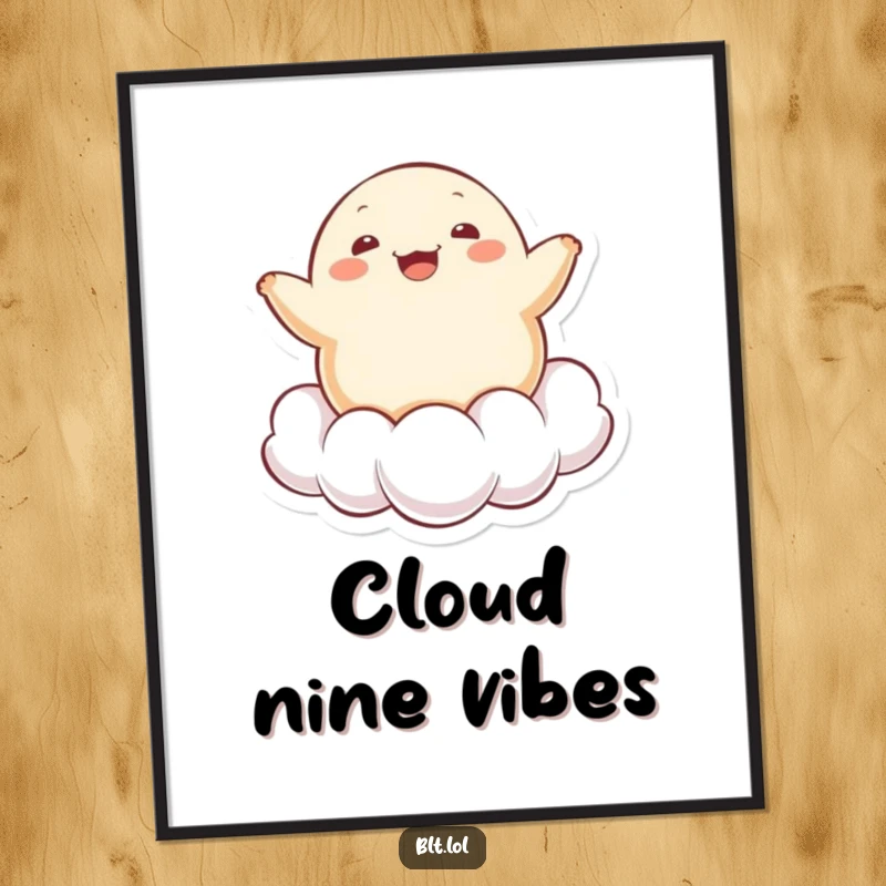 Funny cheerful Kawaii dumpling character bouncing on a cloud, available as a digital art print for immediate enjoyment.