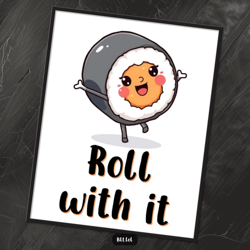 Funny smiling Kawaii sushi roll character doing a cartwheel, available as a digital art print for immediate enjoyment.