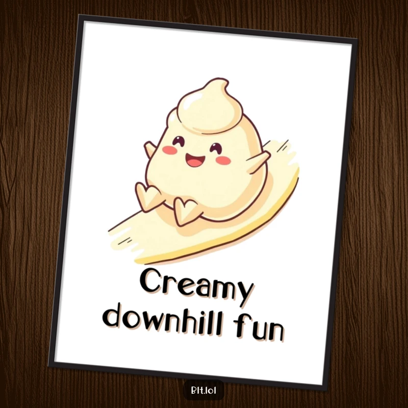 Funny Digital Art Print of a cheerful mayonnaise blob character sliding downhill happily, a high-resolution humorous food illustration.