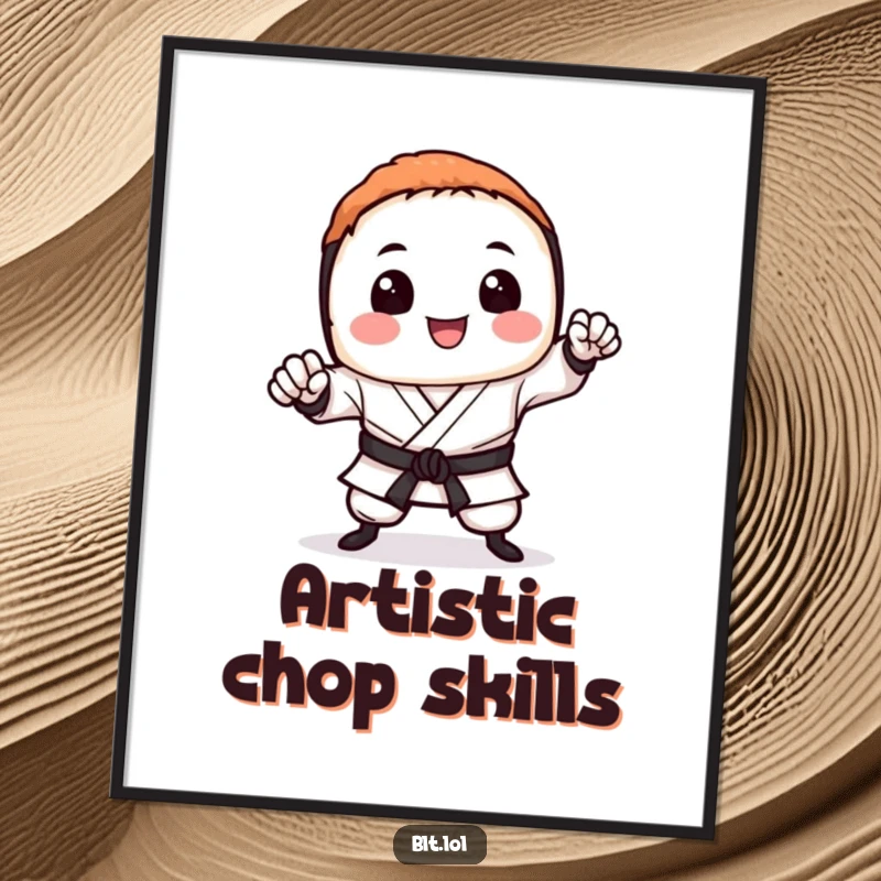 Funny sushi digital art print of a smiling sushi roll performing a powerful karate chop, ideal for instant wall decor.