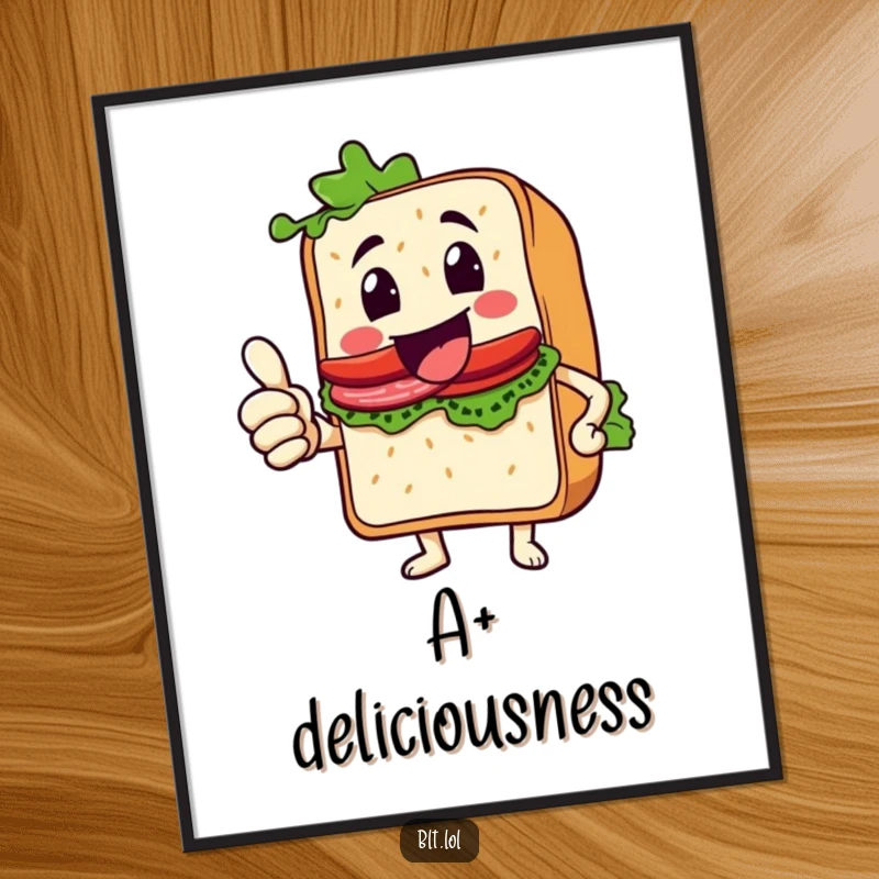 Funny Thumbs Up BLT Sandwich Digital Art Print, a sandwich character giving an enthusiastic thumbs up, vibrant and optimistic artwork, perfect funny gift.