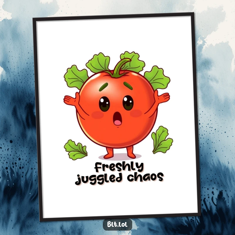 Funny surprised tomato juggling lettuce leaves, rendered as cheerful digital art, bringing instant veggie humor.