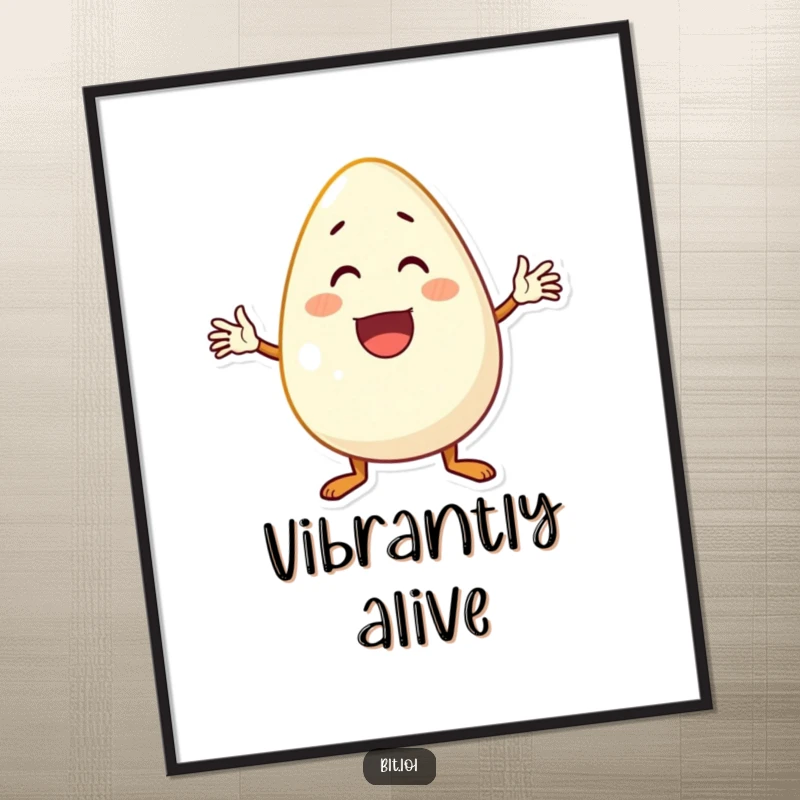 Funny excited anthropomorphic egg character waving with joy, downloadable humorous digital art print.
