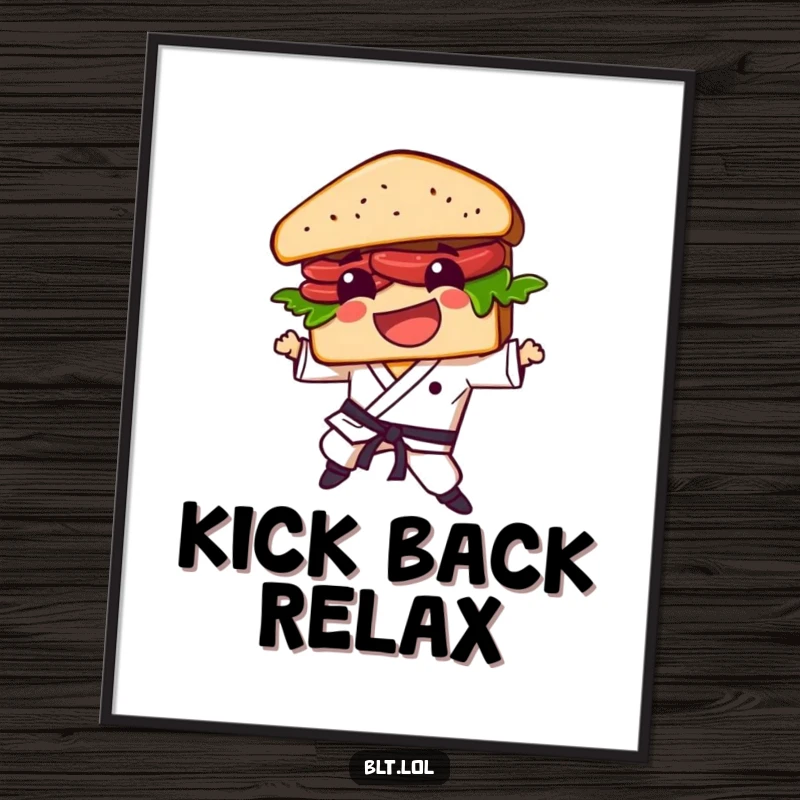 Funny BLT sandwich character in peak karate action, a vibrant digital art print to bring laughter to any room.