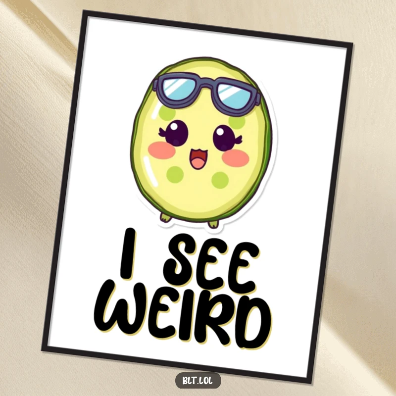 Funny pickle slice character with tiny goggles, eyes wide with surprise, a humorous digital print for instant decor.