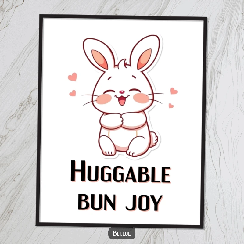 Funny enthusiastic bun character giving a warm hug, available as a high-resolution digital art print for immediate cozy decor.