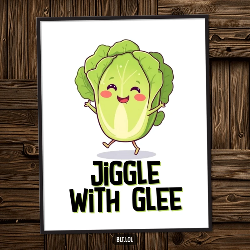 Funny Digital Art Print of a smiling lettuce slice with tiny feet joyfully jigging, capturing a moment of pure veggie happiness.