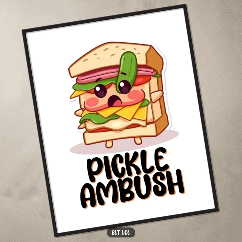 Funny digital art print of a BLT sandwich looking utterly surprised by a falling pickle, capturing a comical moment.