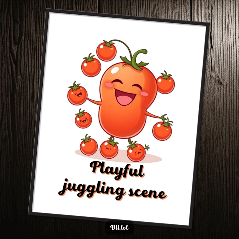 Funny tomato digital art print of a laughing tomato juggling smaller tomatoes, perfect for instant whimsical wall decor.