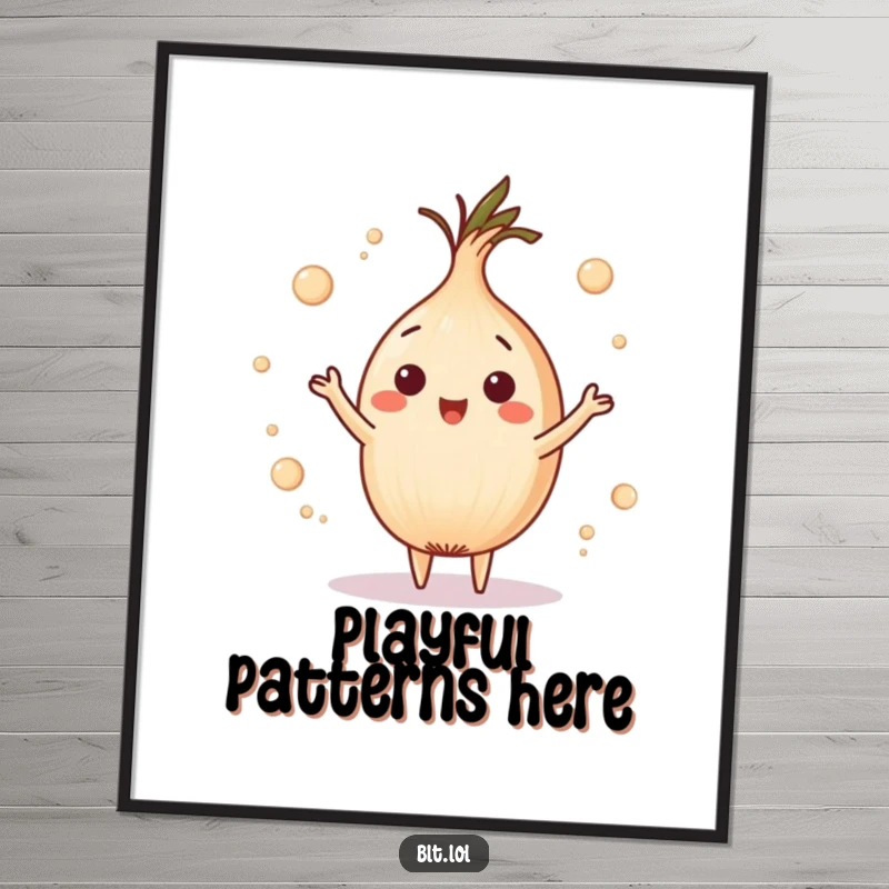 Funny playful onion ring juggling tiny circles, a whimsical digital art print bringing playful humor for a funny gift.