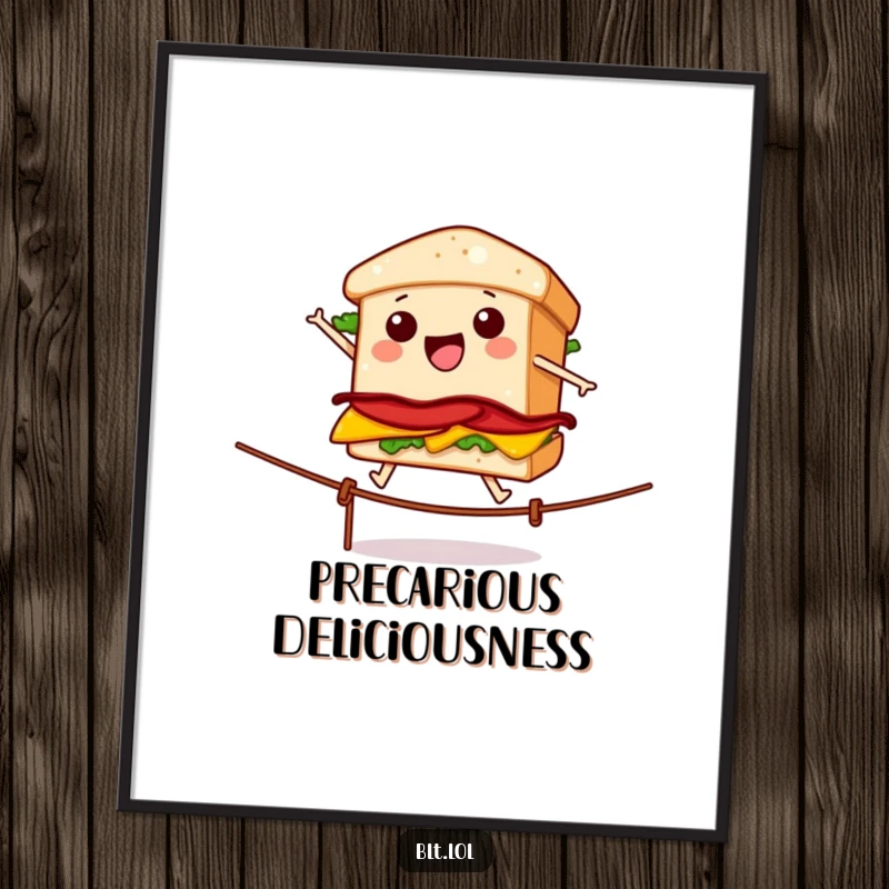 Funny digital art print of a wobbly BLT sandwich performing a daring tightrope walk, adding humor to any room.